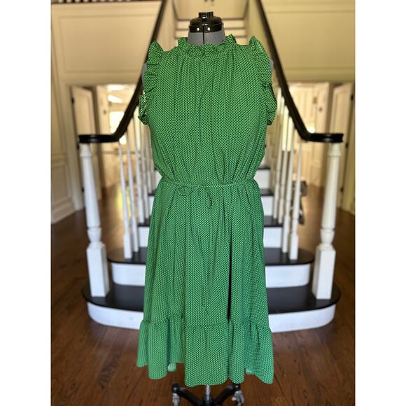 Green Polka Dot Chiffon Ruffle Dress Spring Summer Office Church Modest Travel - Picture 2 of 11